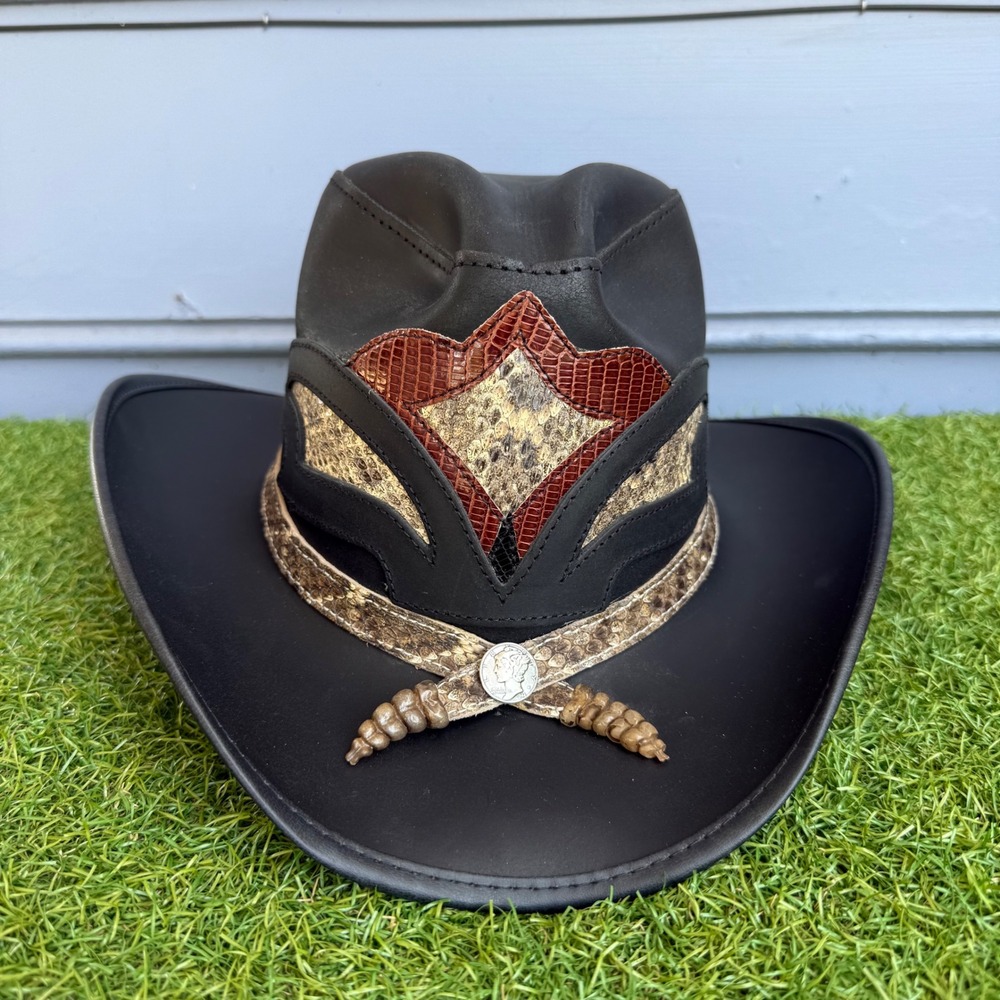 American Hat Makers Storm Black Leather Cowboy Hat Snakeskin Inlay Mens Medium